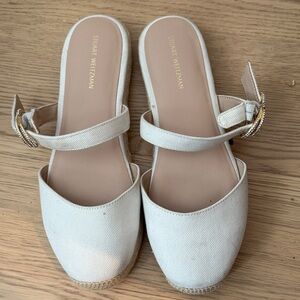 Stuart Weitzman Cream Espadrille Mules with Gold Buckle Accent